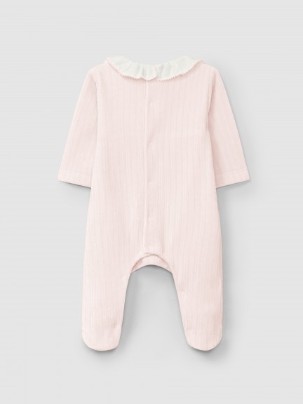 Ribbed velvet babygrow with ruffled collar and embroidered detail Ribbed velvet babygrow with ruffled collar and embroidered detail