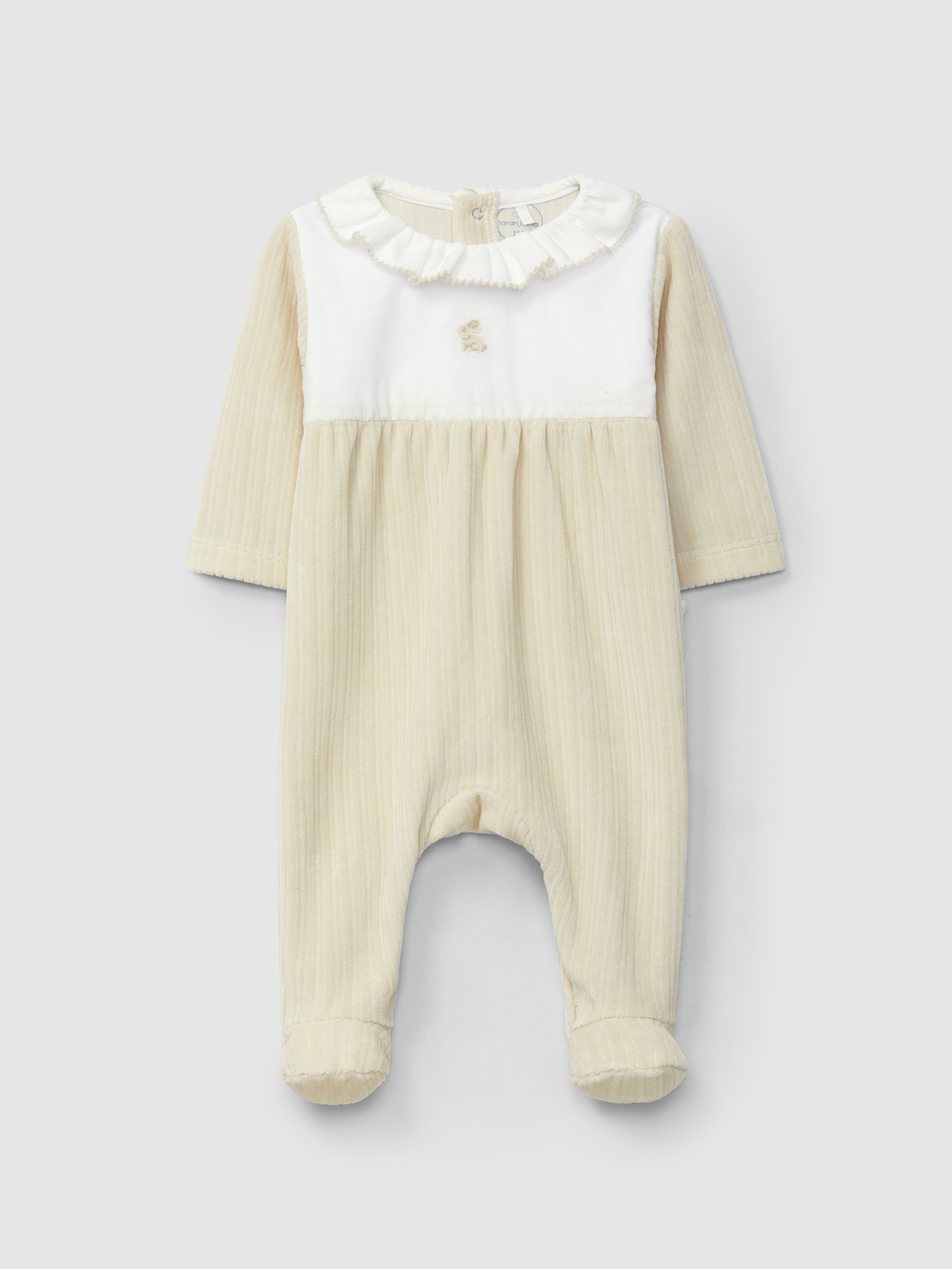 Ribbed velvet babygrow with ruffled collar and embroidered detail