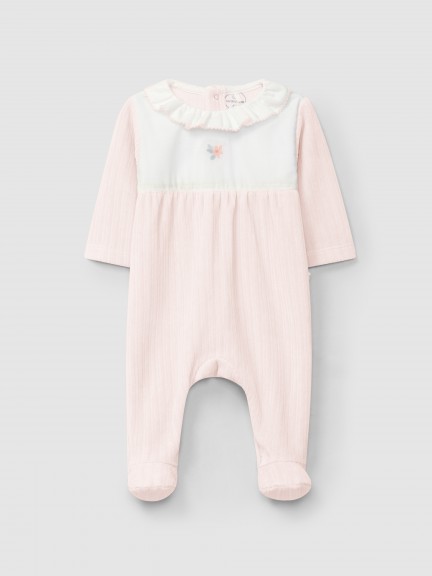 Ribbed velvet babygrow with ruffled collar and embroidered detail Ribbed velvet babygrow with ruffled collar and embroidered detail