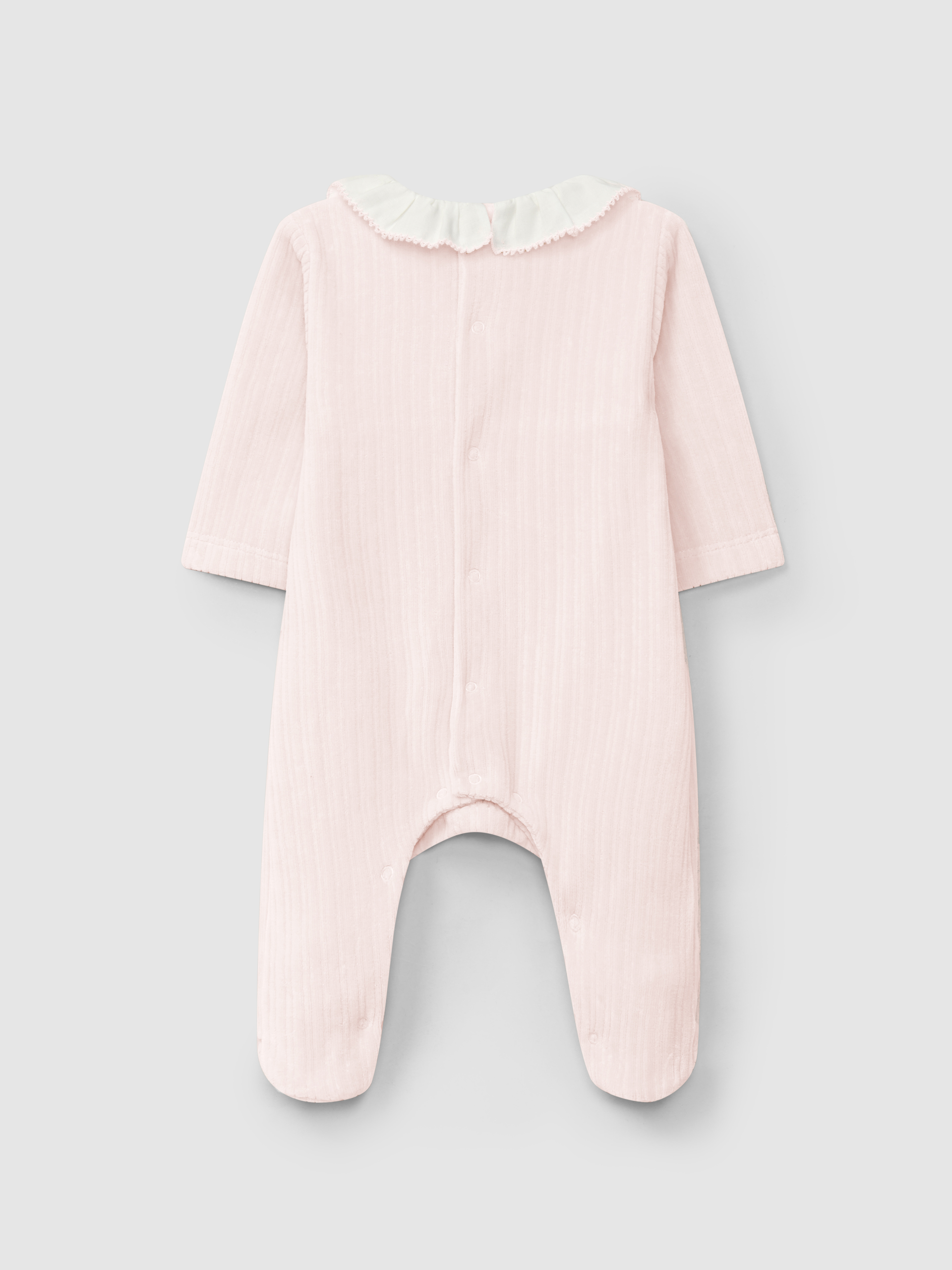 Babygrow em veludo canelado com gola de folho e detalhe bordado