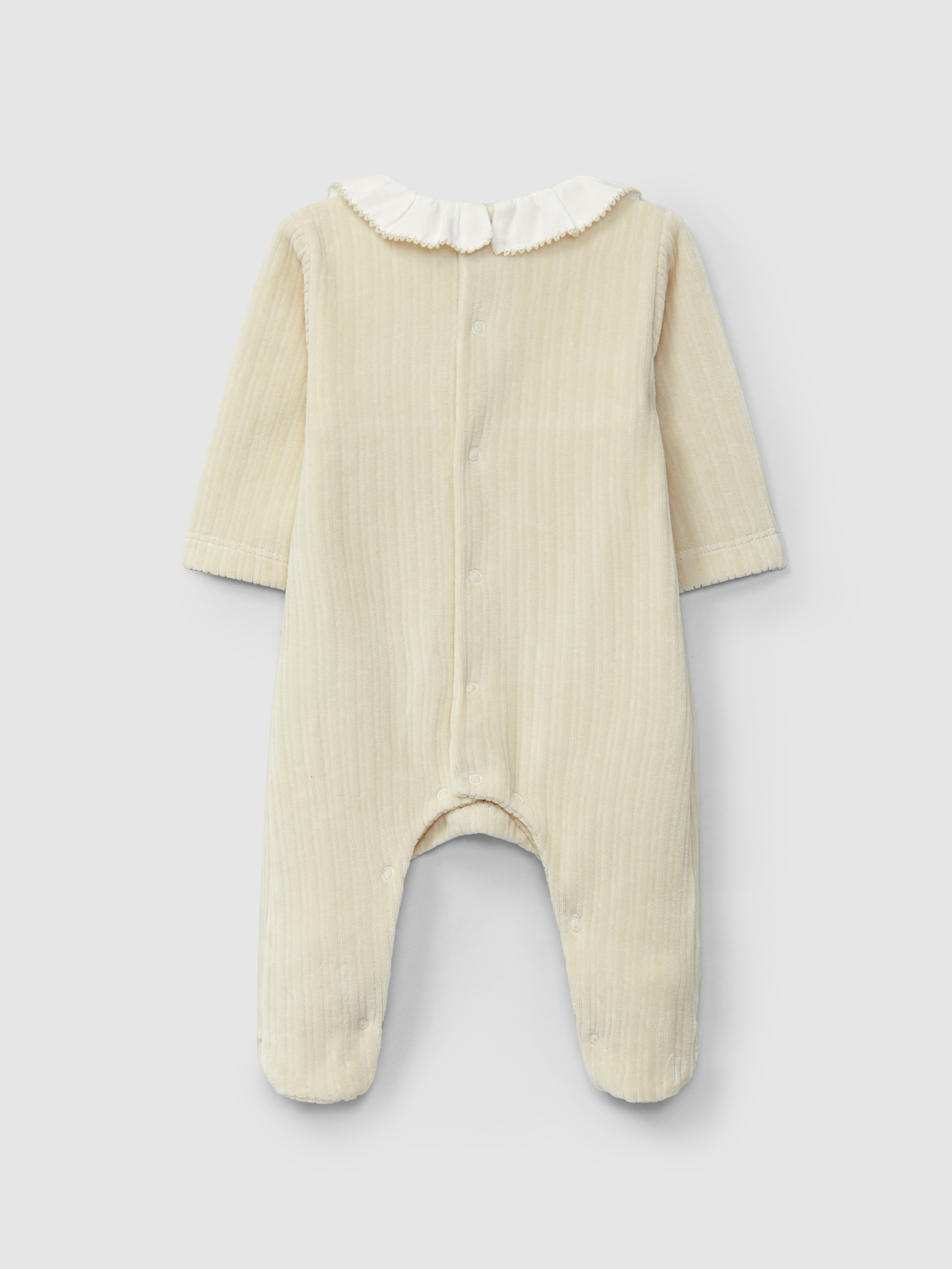Ribbed velvet babygrow with ruffled collar and embroidered detail