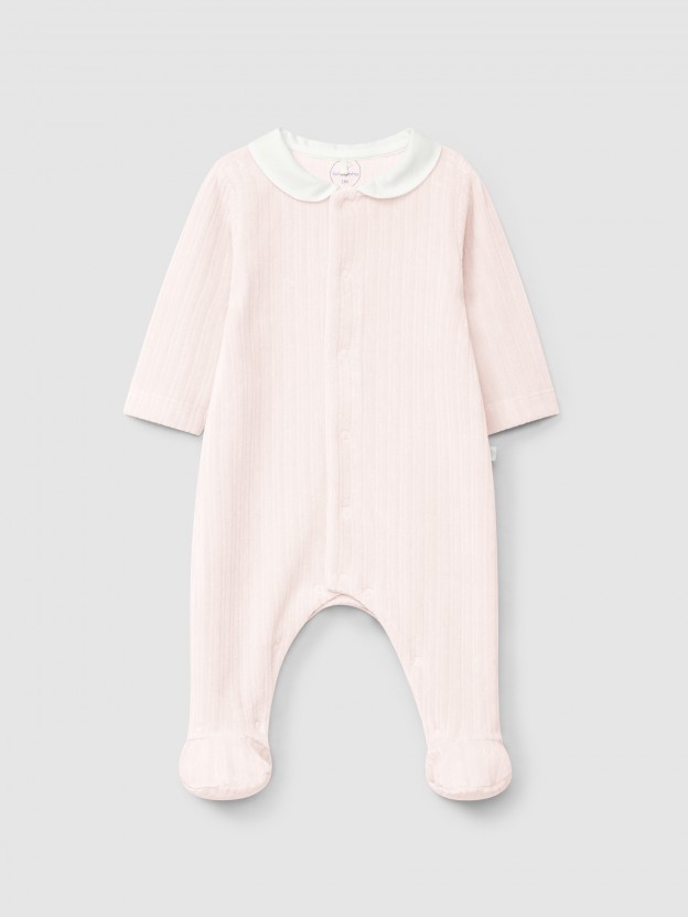 Ribbed velvet babygrow with round collar