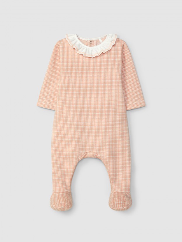 Pelele punto jacquard de cuadros con cuello de volante