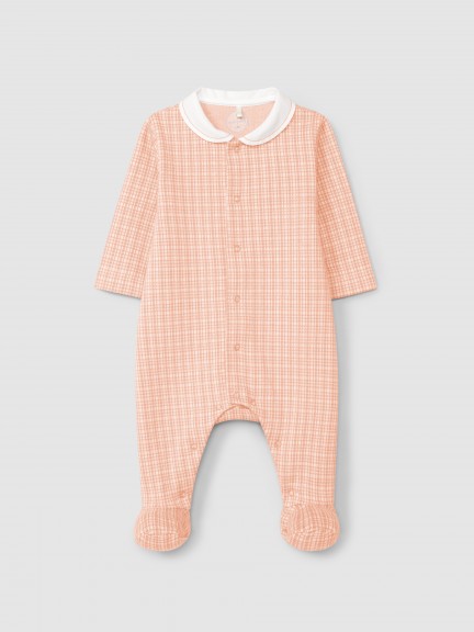 Jacquard jersey babygrow with tattersall with round collar Jacquard jersey babygrow with tattersall with round collar
