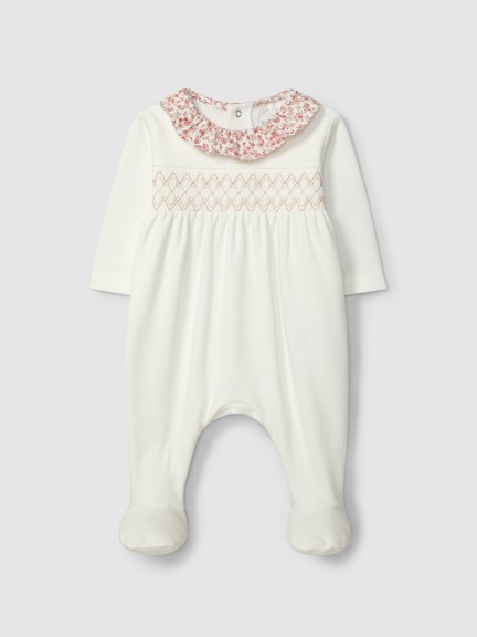 Pelele con smocks y cuello de volante estampado floral