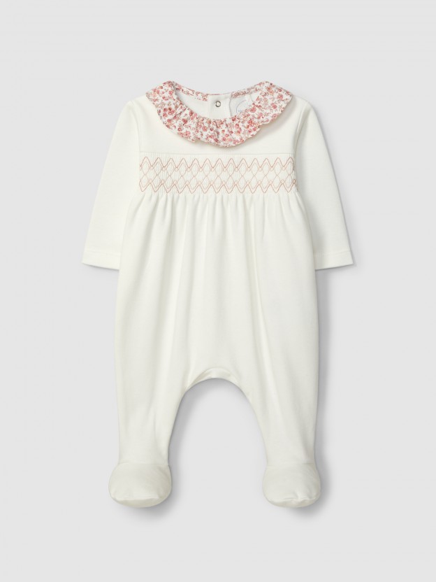 Babygrow avec smocks et col � volant � imprim� � fleurs