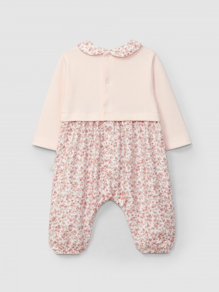 Two-in-one romper in soft-brushed cotton and printed fabric Two-in-one romper in soft-brushed cotton and printed fabric