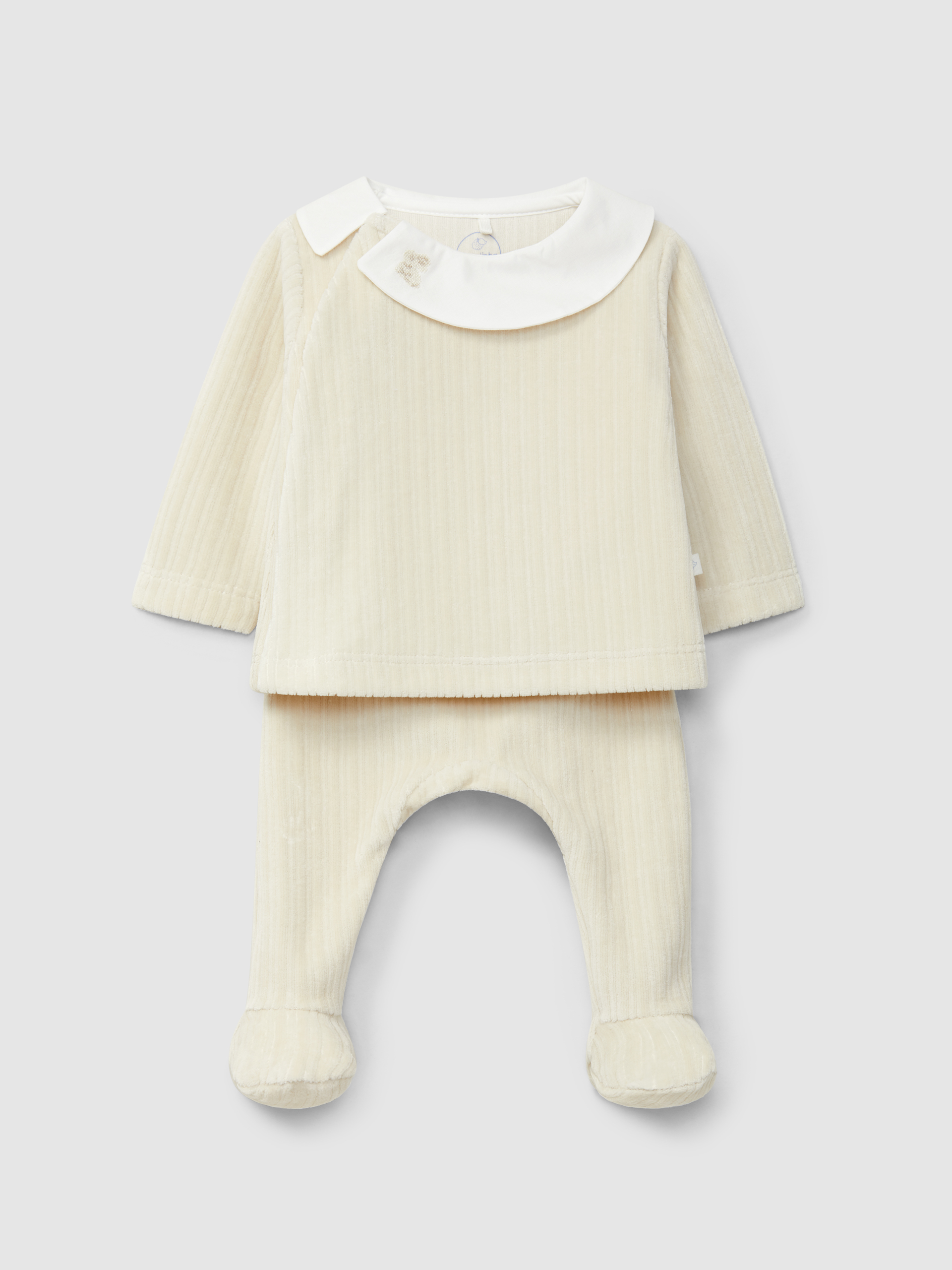 Two-piece ribbed velvet romper with embroidered detail on the collar