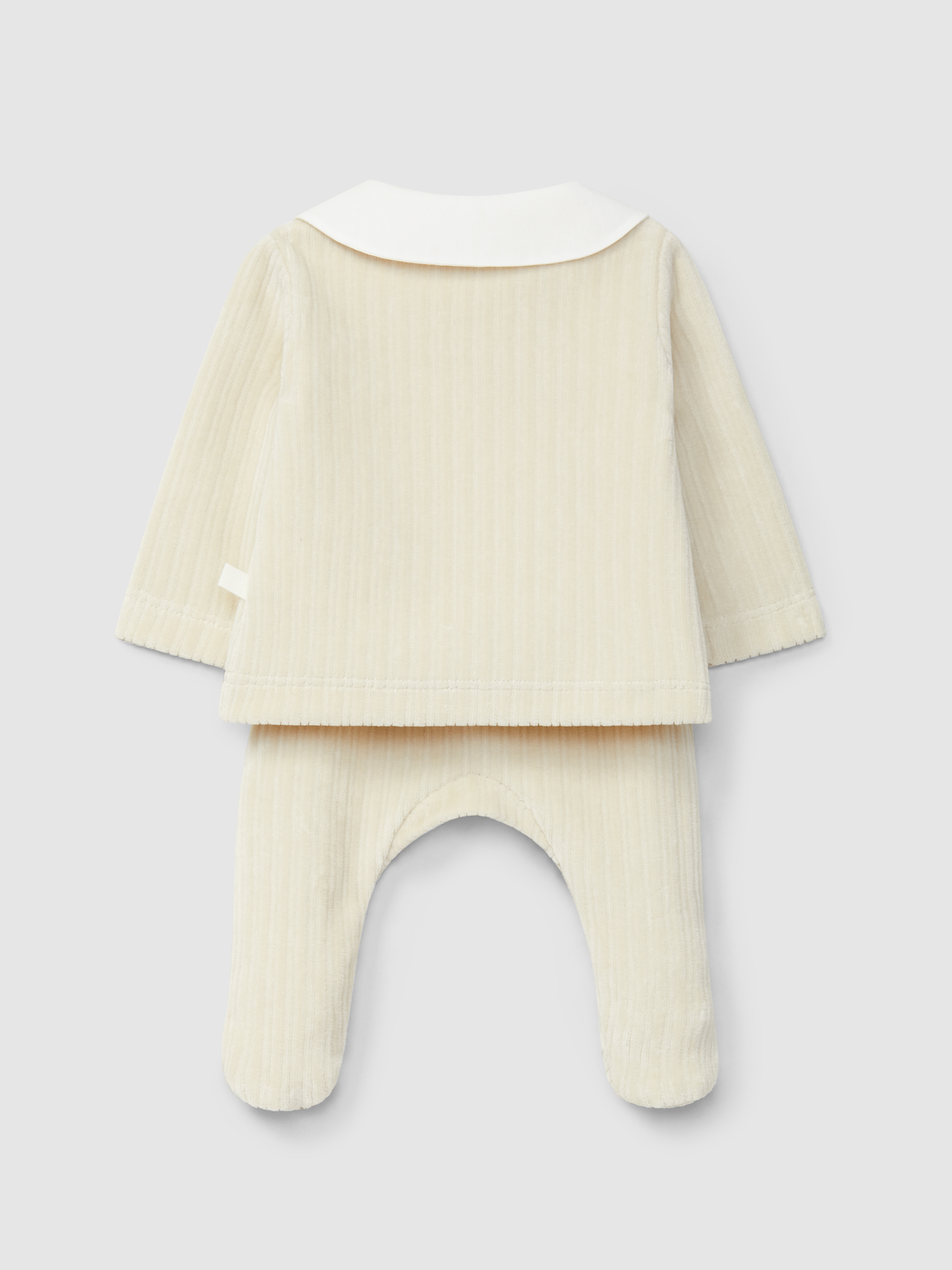 Two-piece ribbed velvet romper with embroidered detail on the collar