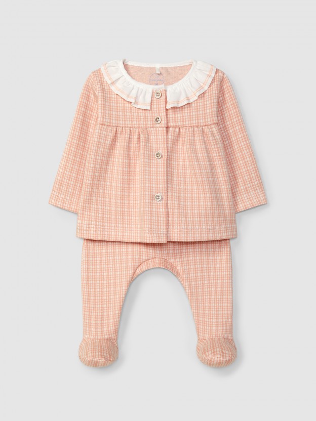 Two-piece jacquard jersey romper with tattersall and ruffled collar Two-piece jacquard jersey romper with tattersall and ruffled collar