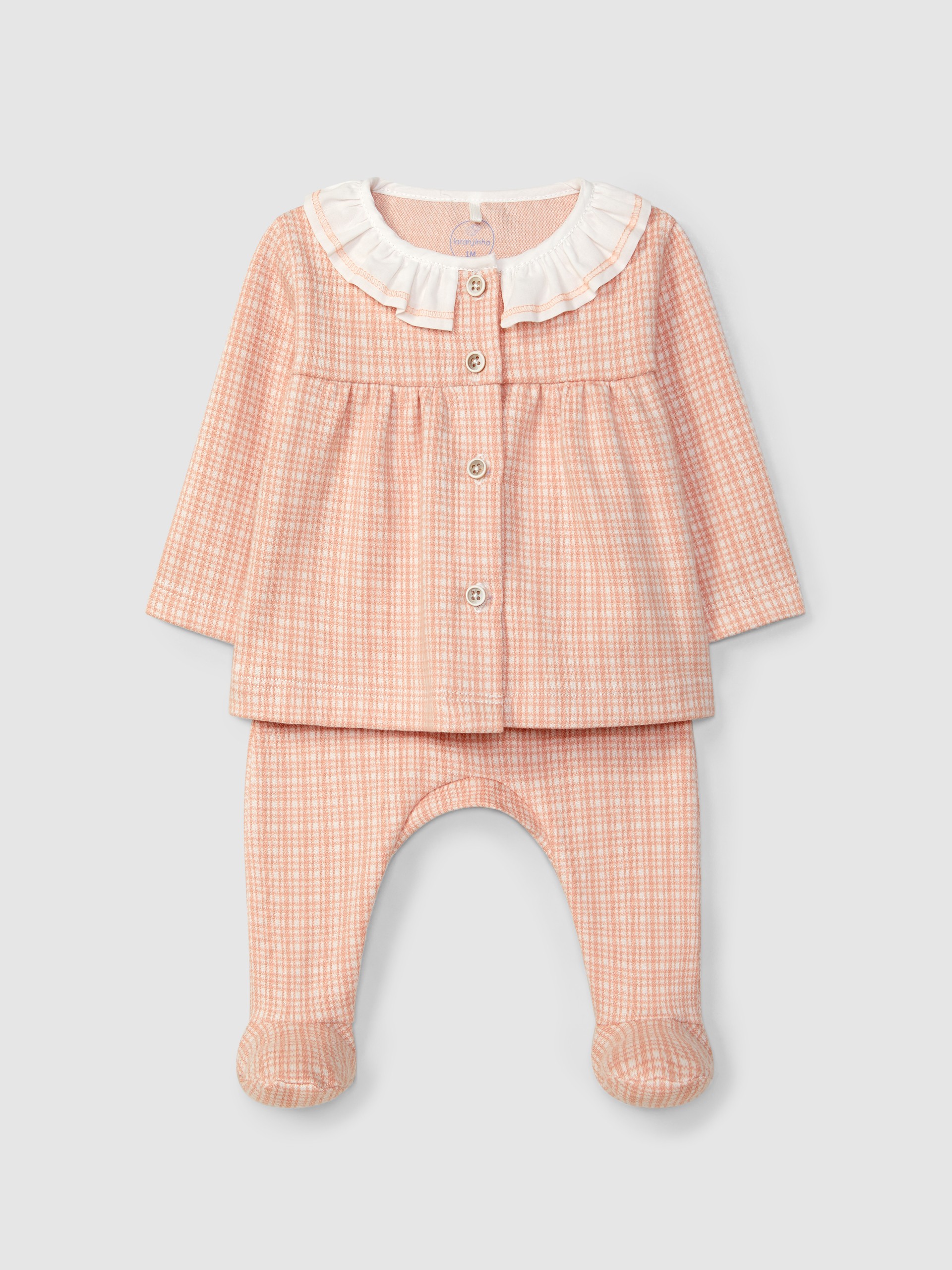 Two-piece jacquard jersey romper with tattersall and ruffled collar
