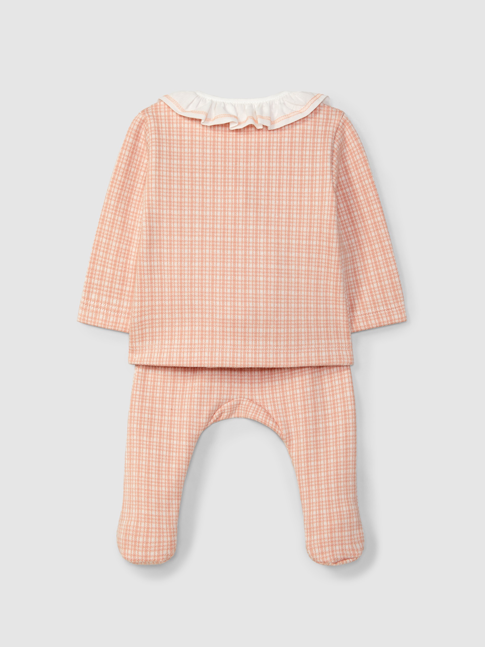 Two-piece jacquard jersey romper with tattersall and ruffled collar