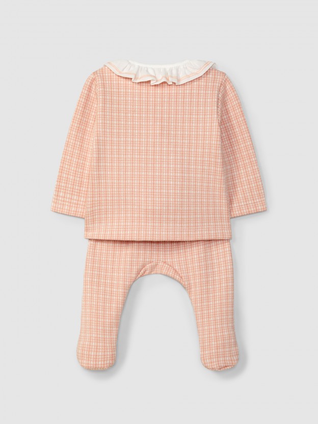 Two-piece jacquard jersey romper with tattersall and ruffled collar Two-piece jacquard jersey romper with tattersall and ruffled collar