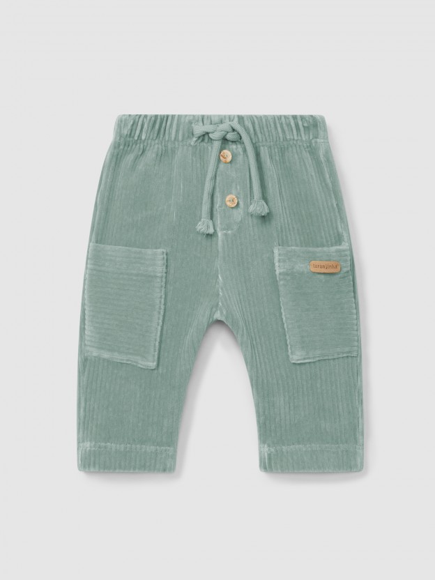 Pantalon pull-up en tissu de type velours c�tel� avec poches