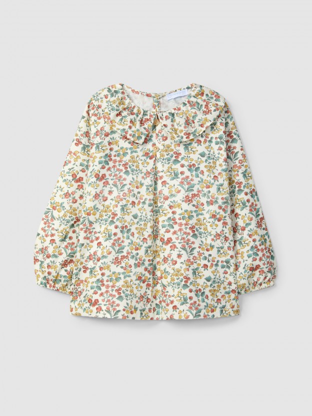 Blusa estampado floral y cuello de volante Blusa estampado floral y cuello de volante