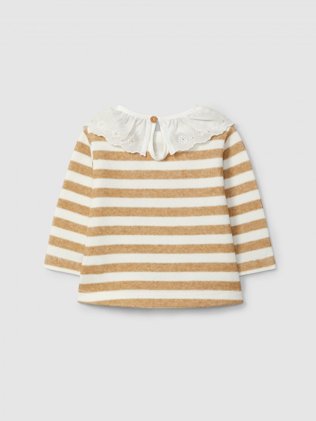 Longsleeve de riscas com gola de folho bordado