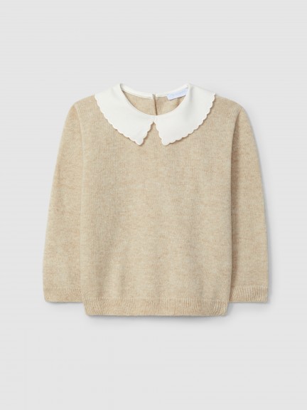 Knitted jumper with fabric collar