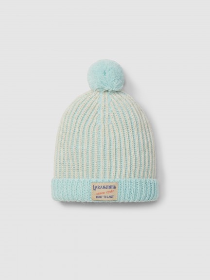 Knitted two-colour beanie with pom-pom