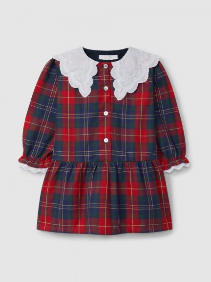 Vestido de cuadros con cuello bordado inglés Vestido de cuadros con cuello bordado inglés
