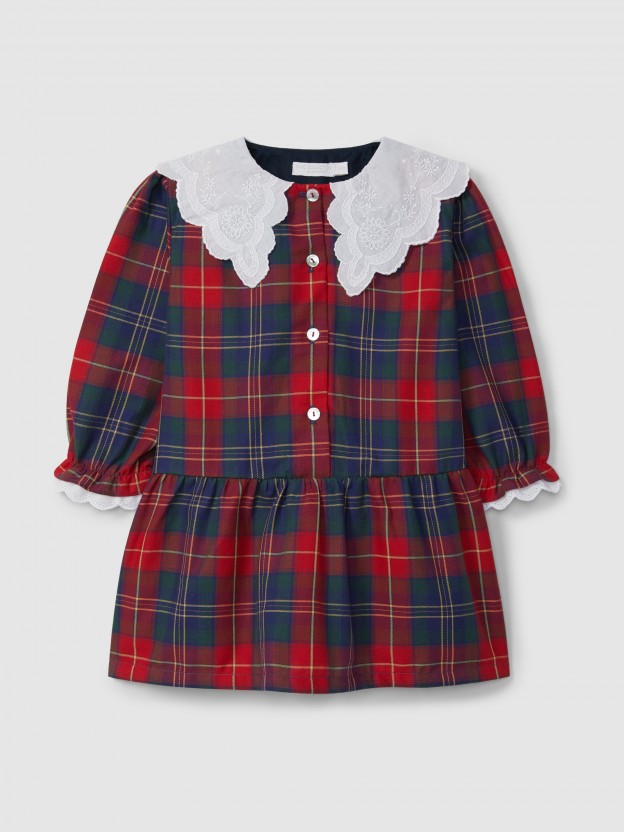Vestido de cuadros con cuello bordado inglés Vestido de cuadros con cuello bordado inglés