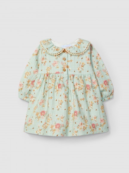 Floral dress with lace detail on collar