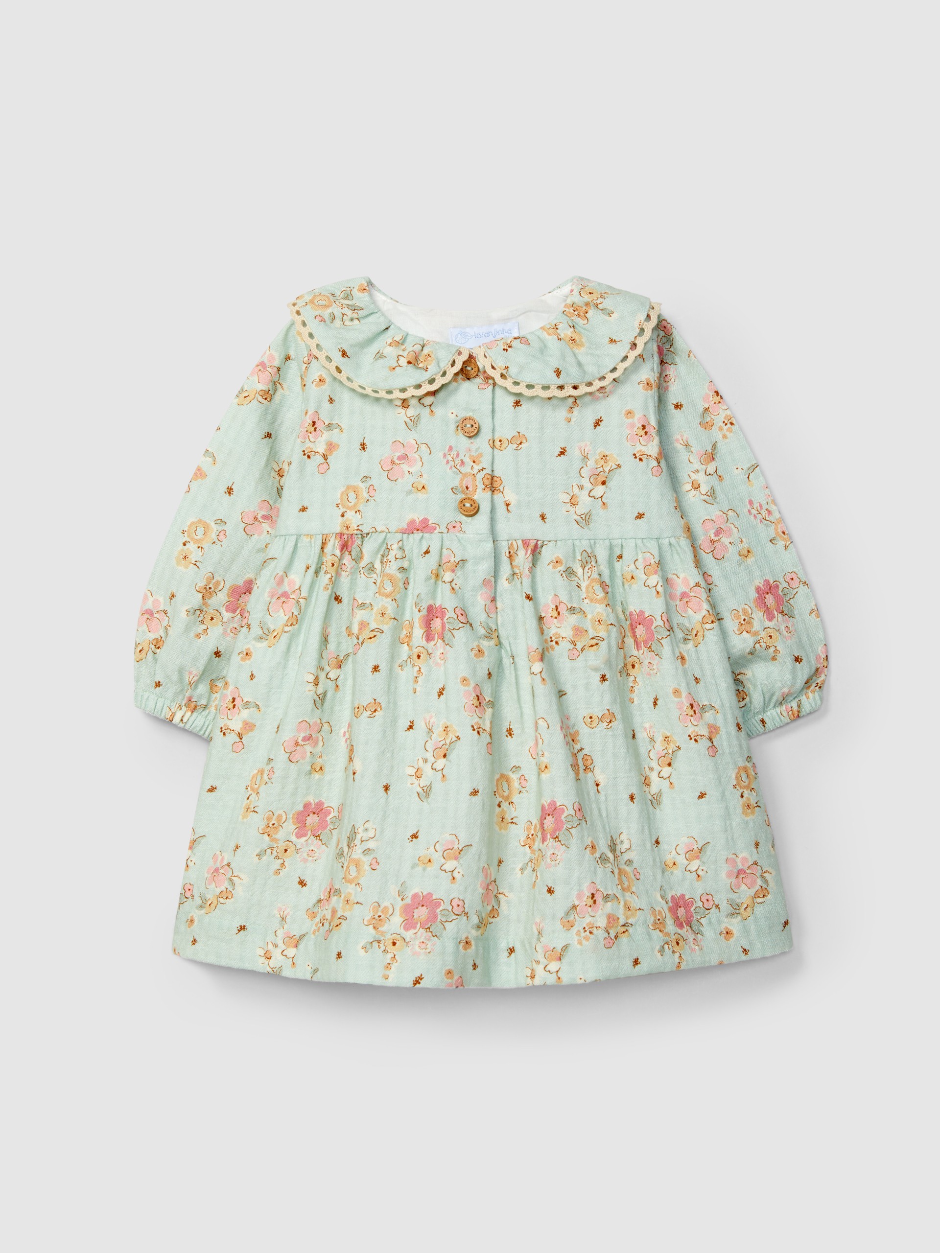 Vestido floral com detalhe de renda na gola