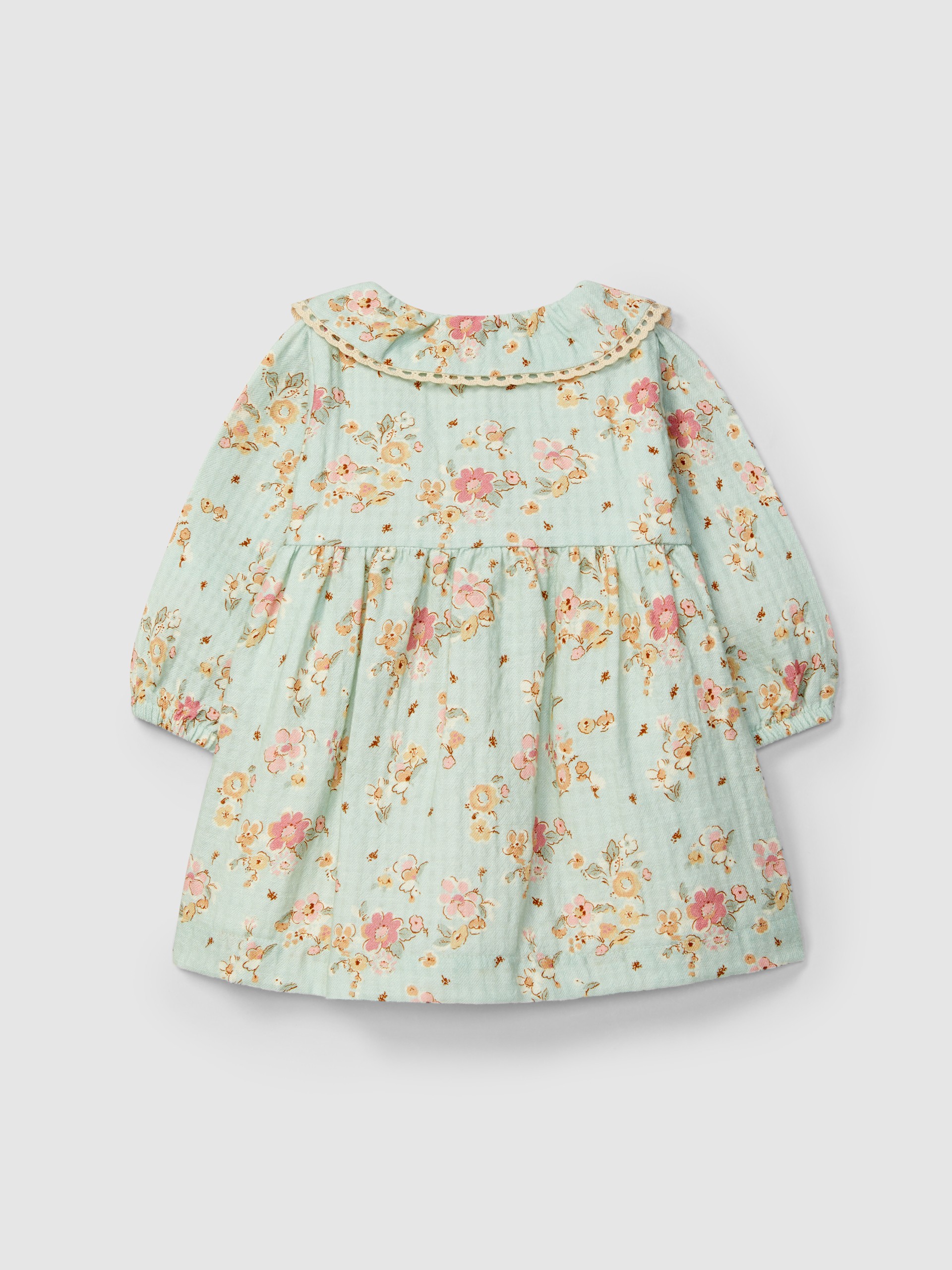 Vestido floral com detalhe de renda na gola