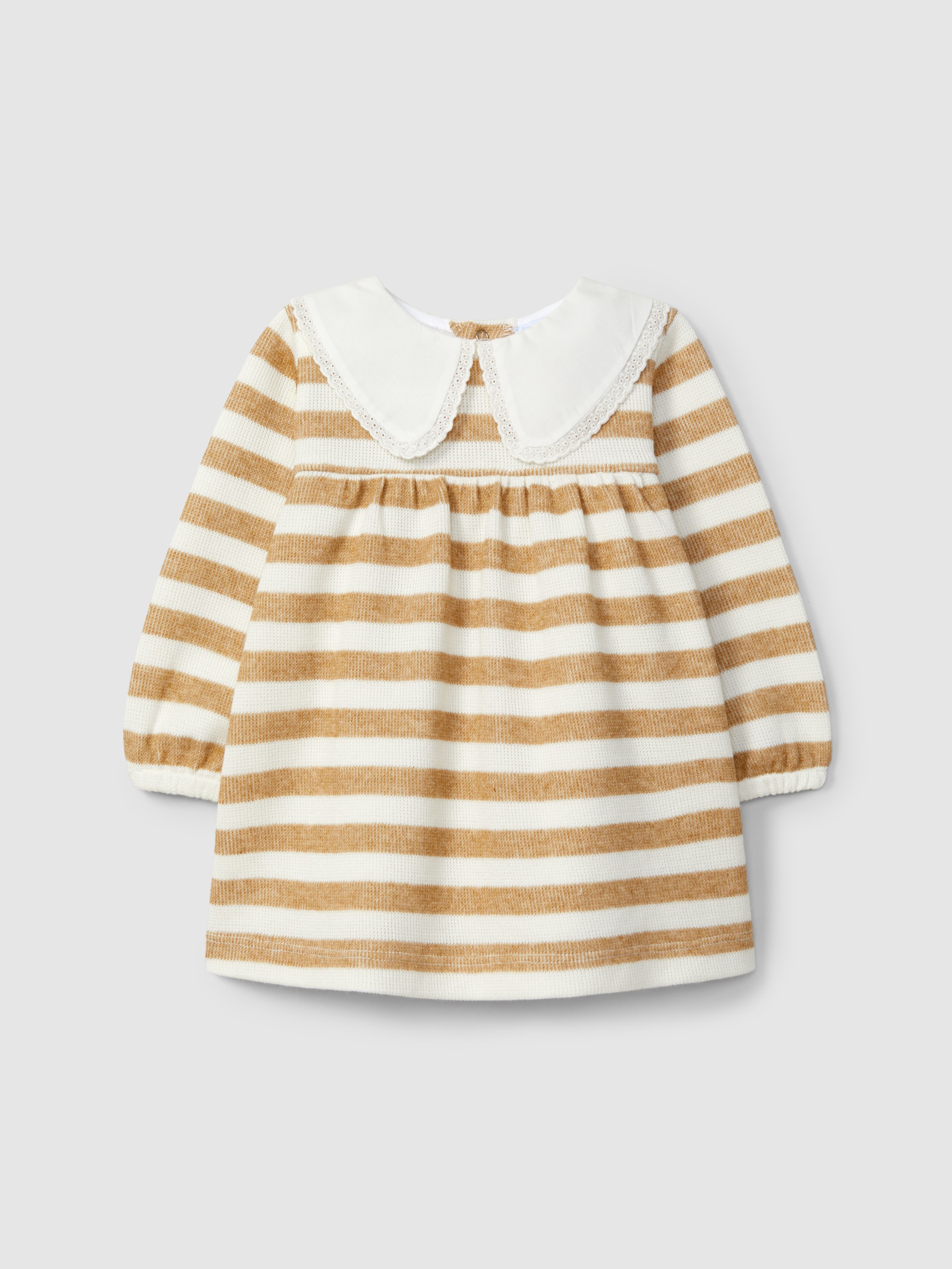 Vestido de riscas com gola detalhe de renda
