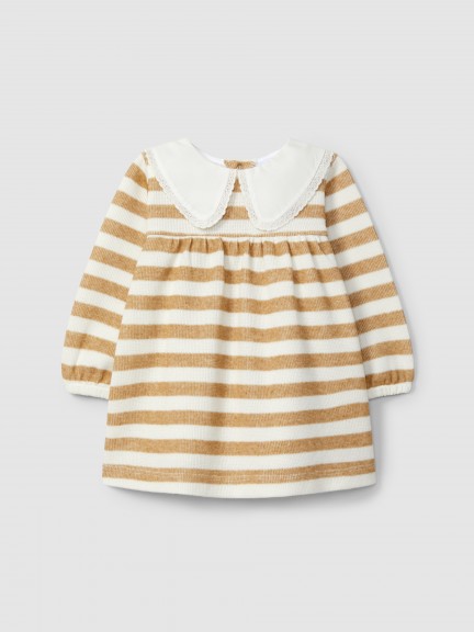 Vestido de riscas com gola detalhe de renda