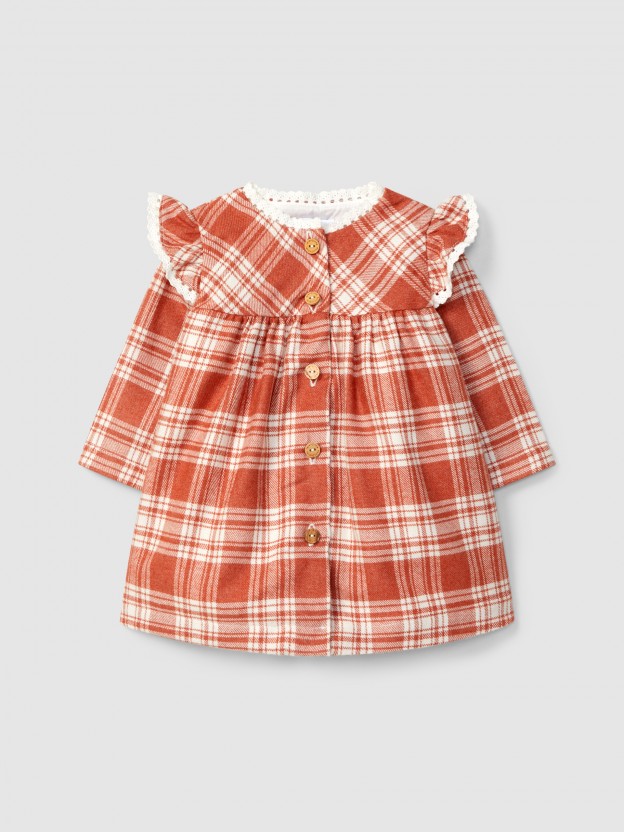 Vestido xadrez com detalhes em renda