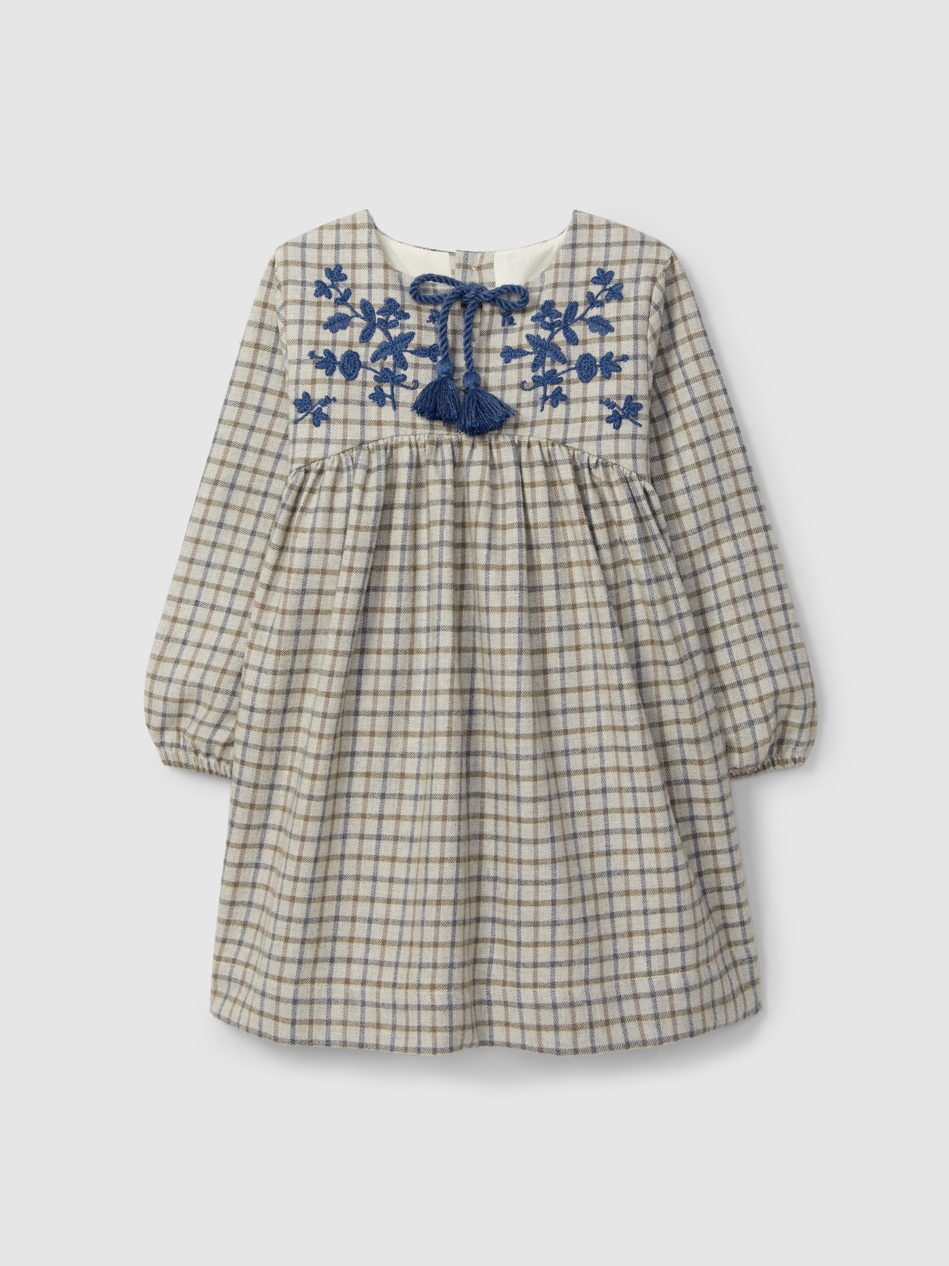 Check dress embroidered with wool thread