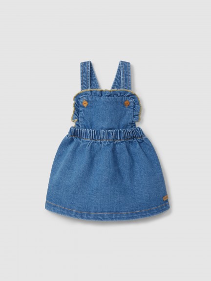 Falda vaquera con peto con detalle de volante Falda vaquera con peto con detalle de volante