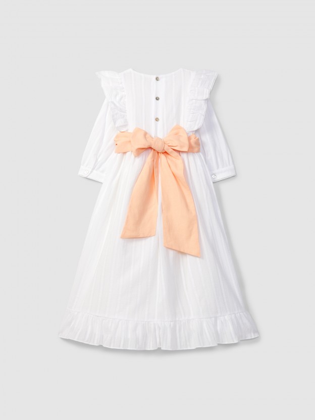 Long dress with sash and embroidered fabric