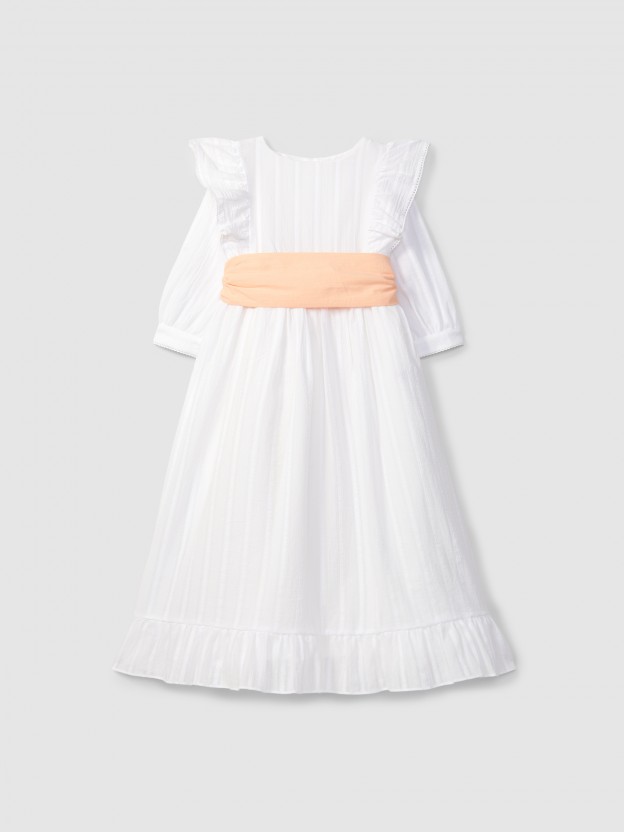 Long dress with sash and embroidered fabric