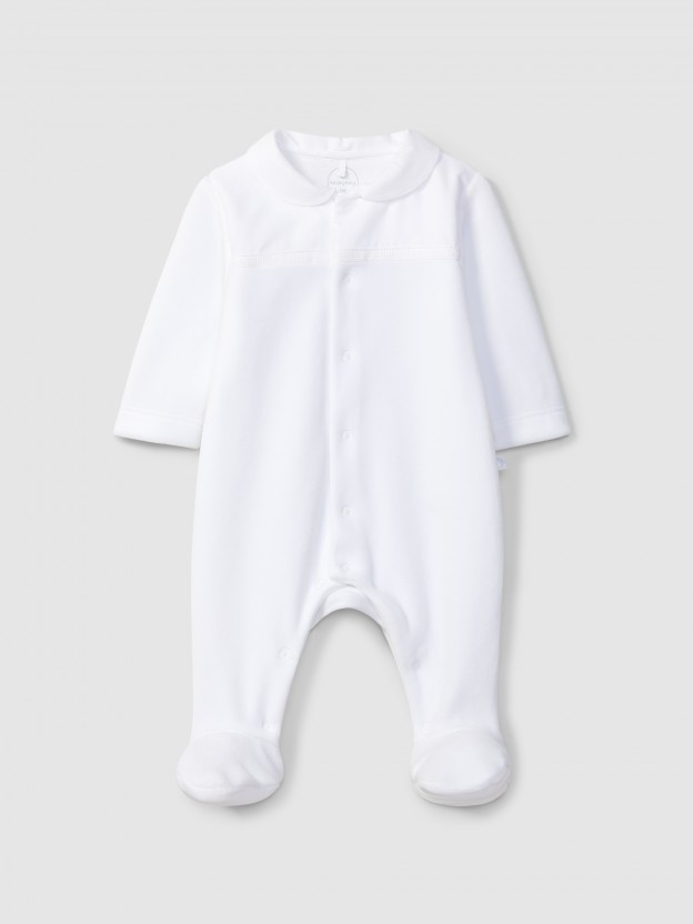 Velvet babygrow with embroidered ribbon detail Velvet babygrow with embroidered ribbon detail
