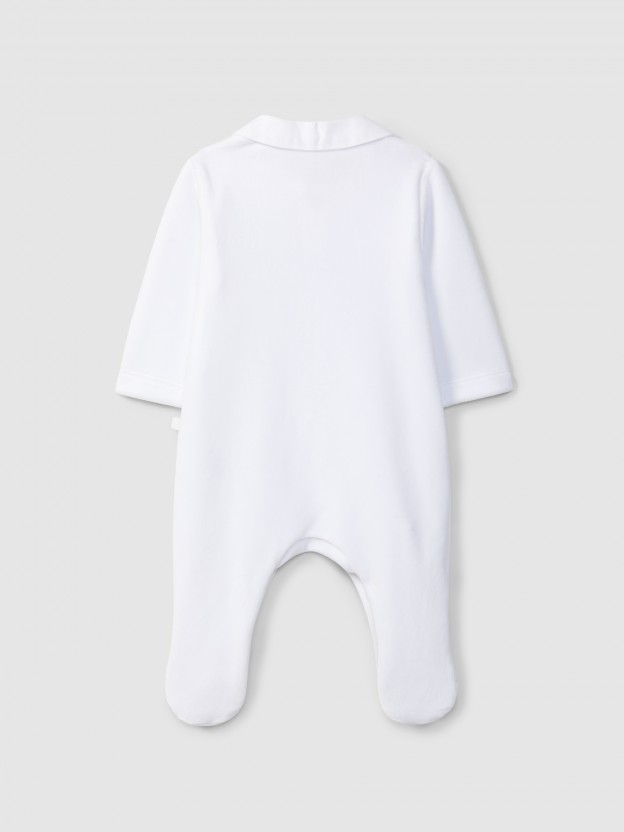 Velvet babygrow with embroidered ribbon detail Velvet babygrow with embroidered ribbon detail