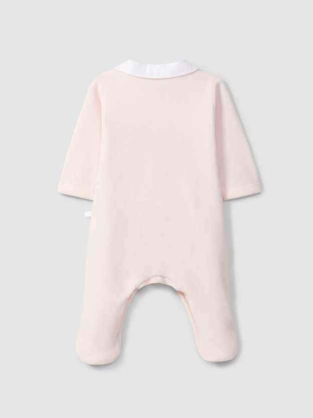 Velvet babygrow with embroidered ribbon detail Velvet babygrow with embroidered ribbon detail