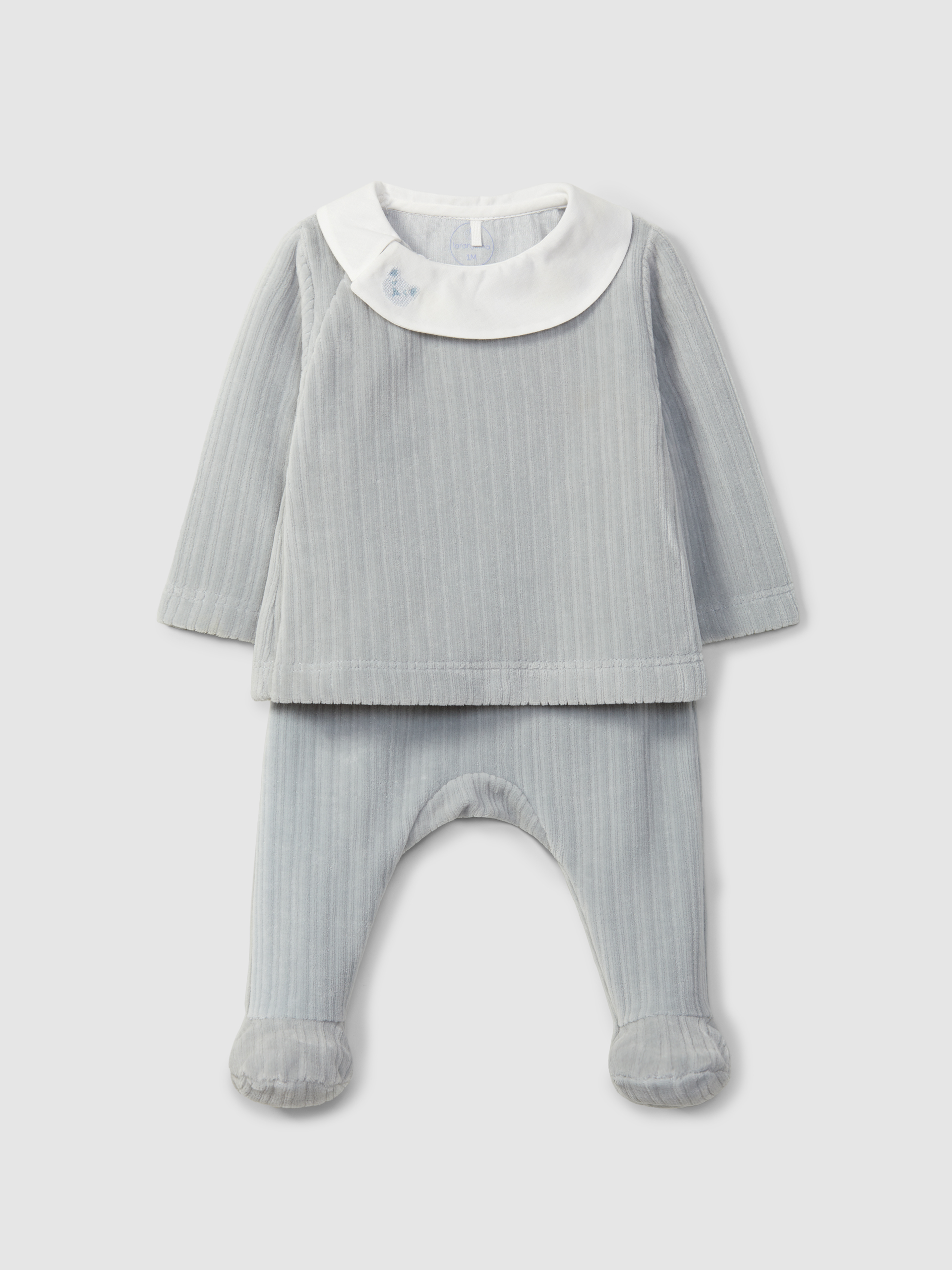 Two-piece ribbed velvet romper with embroidered detail on the collar