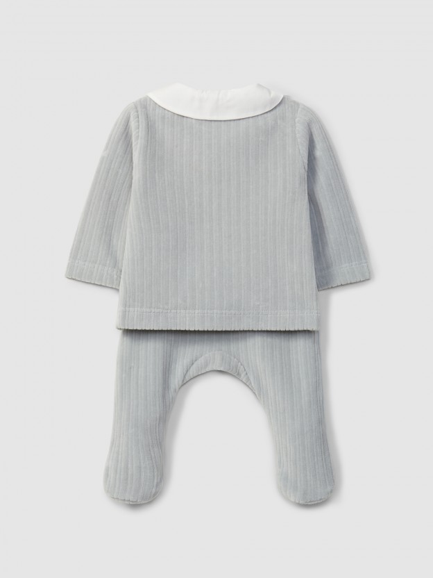 Two-piece ribbed velvet romper with embroidered detail on the collar Two-piece ribbed velvet romper with embroidered detail on the collar