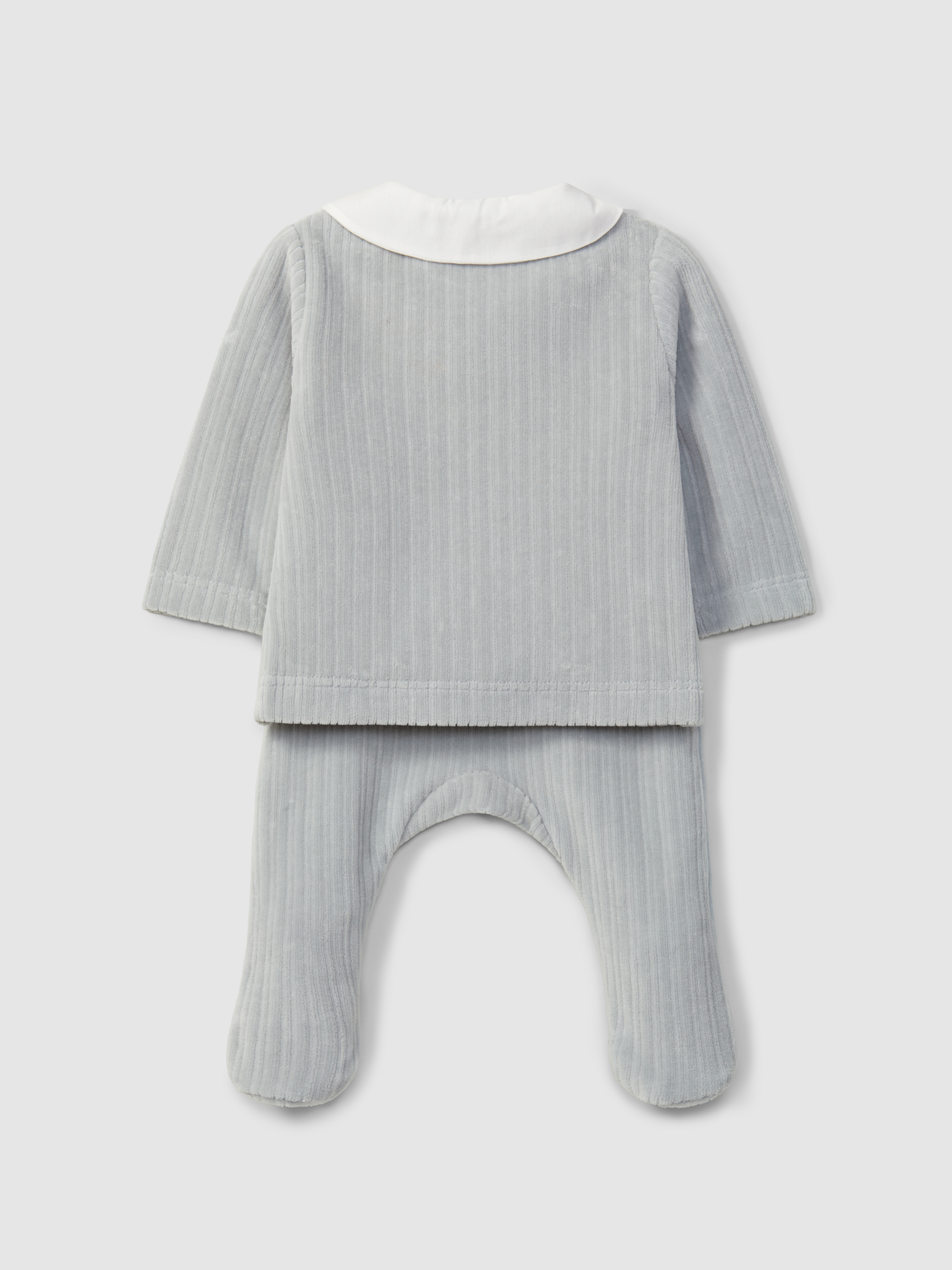 Two-piece ribbed velvet romper with embroidered detail on the collar