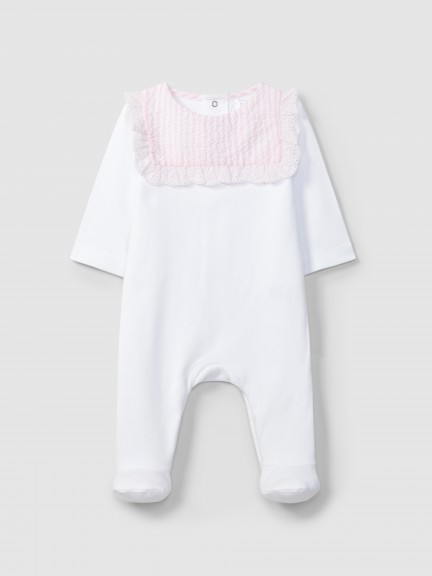 Babygrow seersucker de riscas e bordado Babygrow seersucker de riscas e bordado