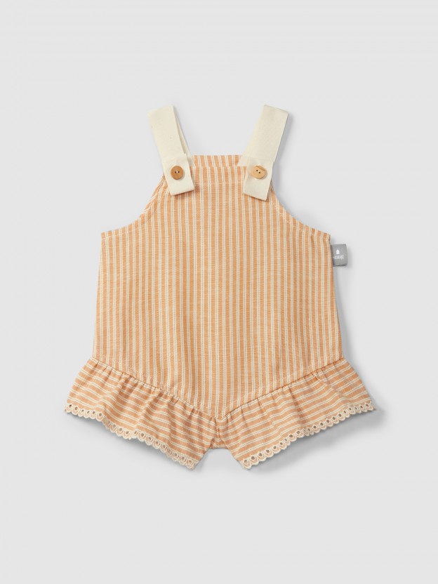 Overalls in striped fabric and English embroidery detail Overalls in striped fabric and English embroidery detail