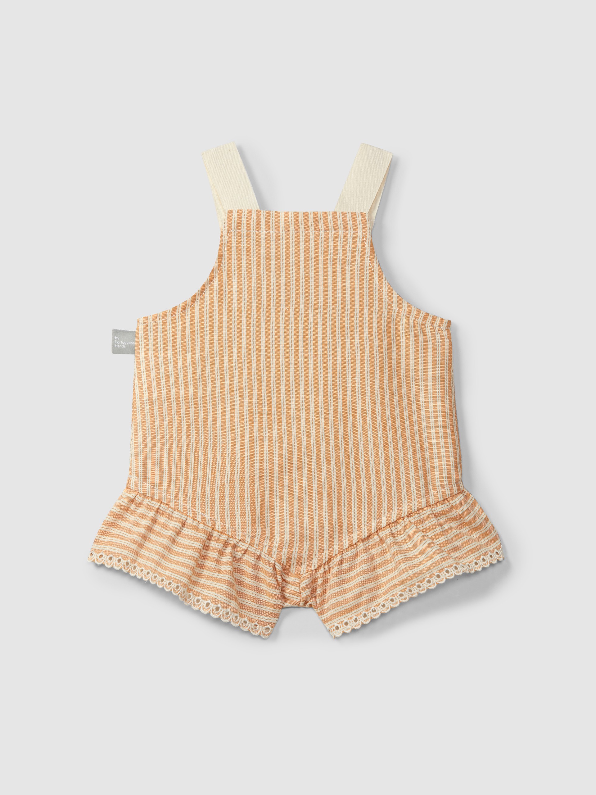 Overalls in striped fabric and English embroidery detail