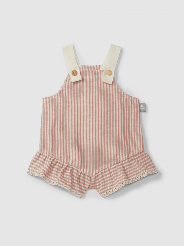 Overalls in striped fabric and English embroidery detail Overalls in striped fabric and English embroidery detail