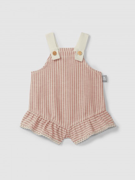 Overalls in striped fabric and English embroidery detail Overalls in striped fabric and English embroidery detail