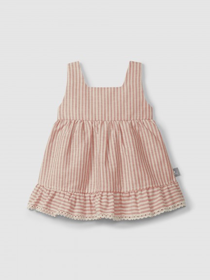 Vestido en tejido a rayas con detalle de bordado inglés Vestido en tejido a rayas con detalle de bordado inglés