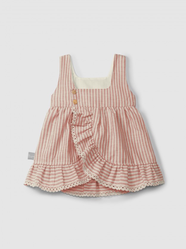 Vestido en tejido a rayas con detalle de bordado inglés Vestido en tejido a rayas con detalle de bordado inglés