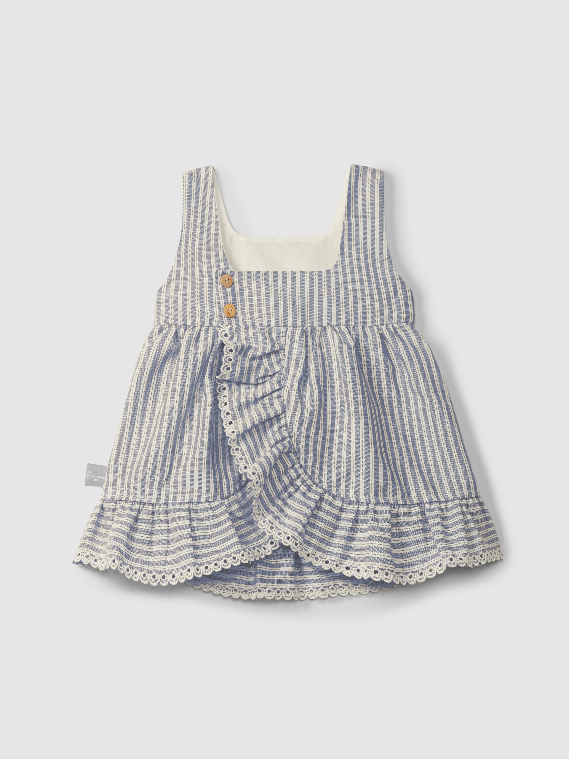 Vestido en tejido a rayas con detalle de bordado inglés