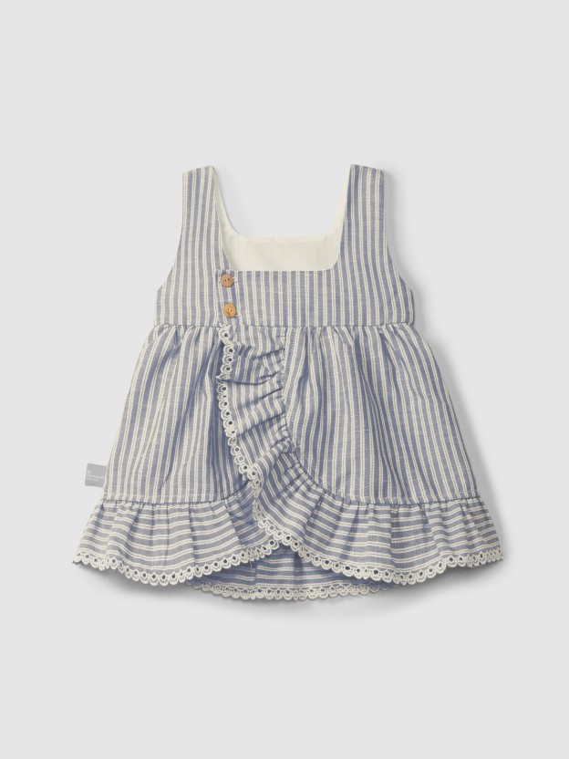 Vestido en tejido a rayas con detalle de bordado inglés Vestido en tejido a rayas con detalle de bordado inglés