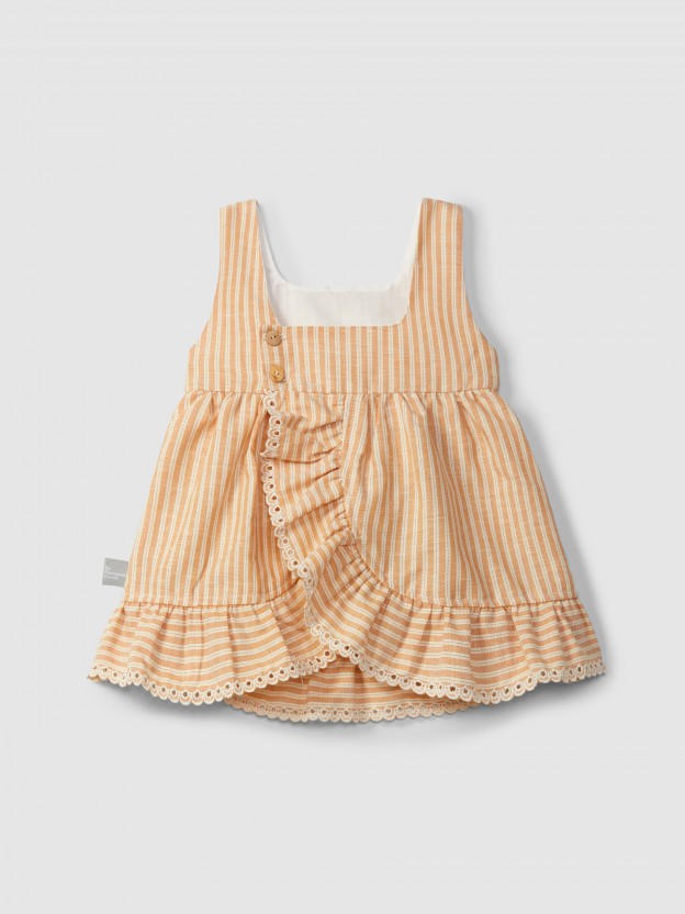 Vestido en tejido a rayas con detalle de bordado inglés Vestido en tejido a rayas con detalle de bordado inglés